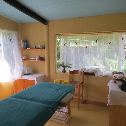 a bedroom with two beds and a window with butterflies at Hotel Agua Blanca in San José Purúa