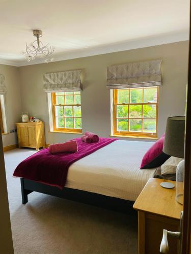 a bedroom with a large bed and two windows at Riverside House in York