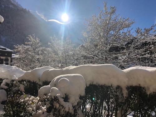 une clôture recouverte de neige avec le soleil en arrière-plan dans l'établissement Chamonix 27 - Au Centre Vue Mont Blanc et Jardin, à Chamonix-Mont-Blanc