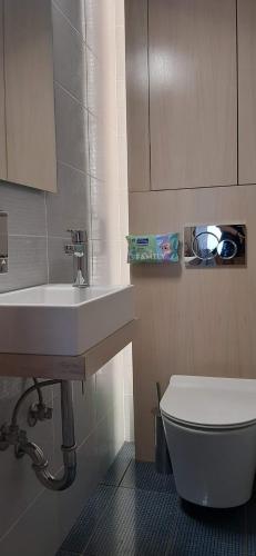a bathroom with a sink and a toilet at Central Park Apartment in Volos