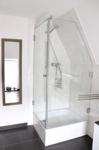 a shower with a glass door in a bathroom at Ferienwohnung Kanalblick in Schacht-Audorf