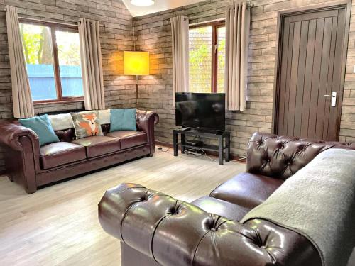 ein Wohnzimmer mit 2 Ledersofas und einem TV in der Unterkunft Primrose 20-Woodland Lodges-Carmarthen-Pembroke in Carmarthen