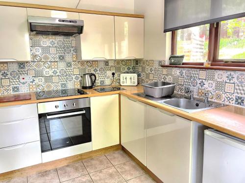 una cocina con armarios blancos y fregadero en Primrose 20-Woodland Lodges-Carmarthen-Pembroke, en Carmarthen