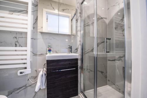 La salle de bains est pourvue d'une douche en verre et d'un lavabo. dans l'établissement The Coach House - Modernised 1 Bedroom Flat, moments from the beach, à Bournemouth
