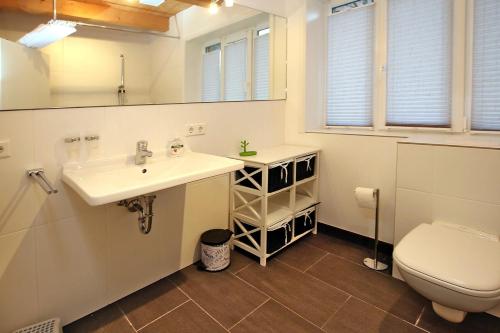 ein Bad mit einem Waschbecken und einem WC in der Unterkunft Am Grünstreifen 29, Haus Liguster Whg. Nr. 1 in Wyk auf Föhr