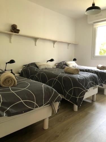 2 nebeneinander sitzende Betten in einem Schlafzimmer in der Unterkunft Les valises sur le sable, 50m de la plage, parking in Courseulles-sur-Mer