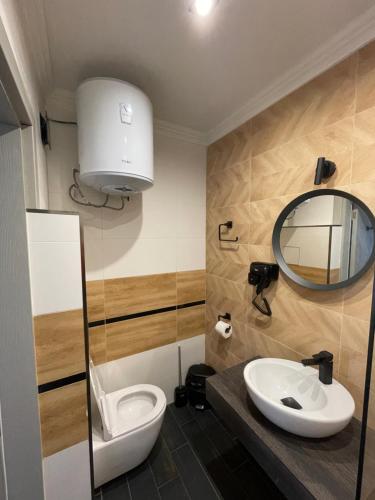 a bathroom with a sink and a mirror and a toilet at Апартаменти Генезис Ахтопол in Ahtopol