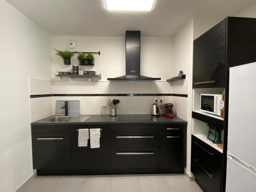uma cozinha com armários pretos e um lavatório em Appartement familial tout confort - 3 chambres, grande terrasse privative - Vert Buisson - Bruz em Bruz