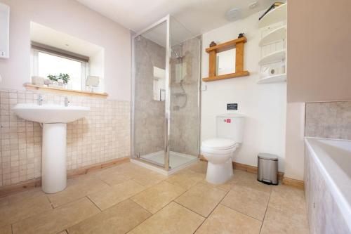 y baño con aseo, lavabo y ducha. en Cosy & rustic retreat - Woodland Cottage. en Nairn