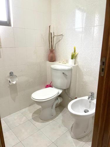 a bathroom with a toilet and a sink at Jardin Marron in Baie Sainte Anne