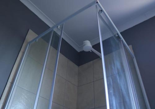 a shower with a glass door in a bathroom at Pixie Lodge in Cape Town