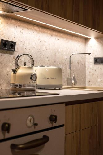 a toaster sitting on top of a stove in a kitchen at Chrisi`s house with jacuzzi in Moírai