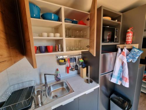 a kitchen with a sink and a refrigerator at Memita Mobile homes, Selce in Selce