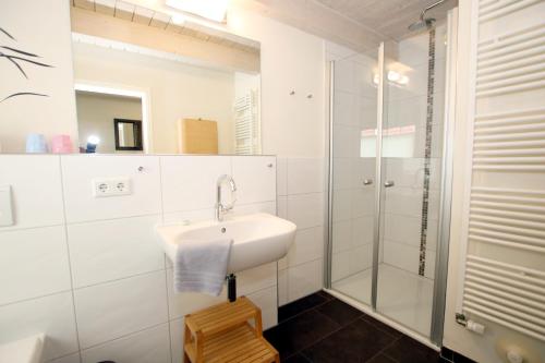 uma casa de banho com um lavatório e um chuveiro em Susanne-Fischer Weg 33, Haus Garnele em Wyk auf Föhr