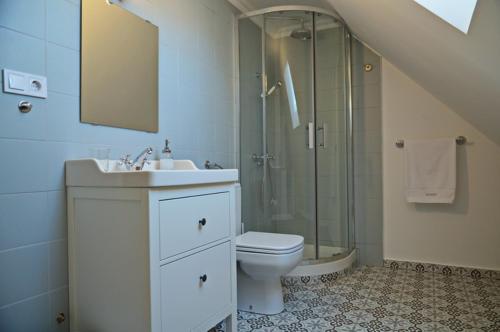 a bathroom with a toilet and a shower and a sink at Nemespécsely Udvarház in Pécsely