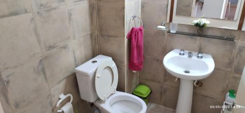 a bathroom with a white toilet and a sink at Las Acacias Apart in San Miguel de Tucumán