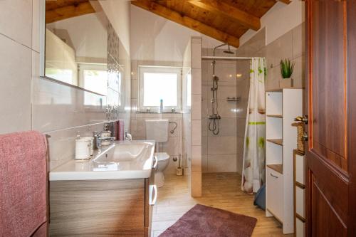 y baño con lavabo, aseo y ducha. en Old Oak Holiday House en Rovinj