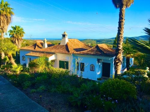 una casa blanca con palmeras y el océano en Magical VILLA CASA KOI in Sao Bras de Alportel, en São Brás de Alportel