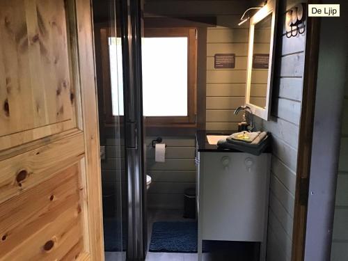 ein Badezimmer mit Toilette, Waschbecken und Tür in der Unterkunft B&B De Flecht - De Ljip in Nijega