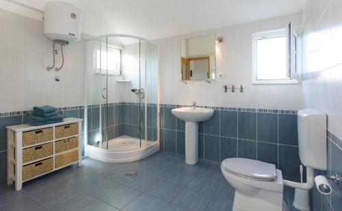La salle de bains est pourvue de toilettes, d'un lavabo et d'une douche. dans l'établissement Cipra Apartments, à Okrug Donji