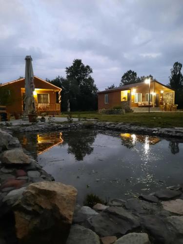 a pond in front of a house at night at Family Hotel Maia - Cемейная гостиница Майя in Dashbashi