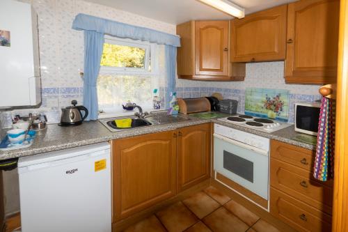 a kitchen with wooden cabinets and a sink and a window at Rosebud cottage Romantic cottage for a couple in Fishguard