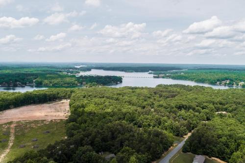 an aerial view of a river with trees at Total Escape in Mineral
