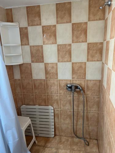 a shower with a shower head in a bathroom at Cosy Apartment by the water, Agia Pelagia in Agia Pelagia