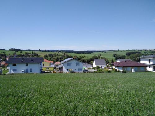 a field of green grass with houses in the background at Eva's Ferienwohnung in Bonndorf im Schwarzwald
