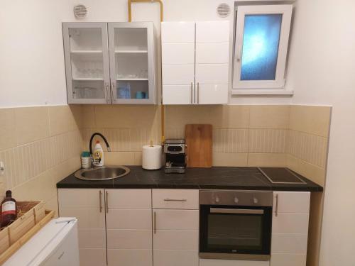 a small kitchen with white cabinets and a sink at River Lux in Sremska Mitrovica