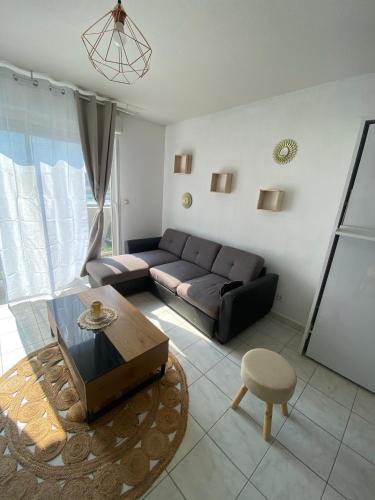 un salon avec un canapé et une table basse dans l'établissement Studio brignoles PISCINE emplacement idéal, à Brignoles