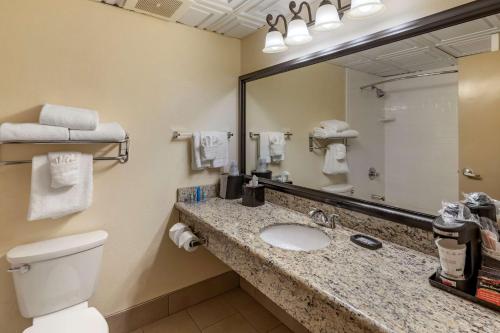 a bathroom with a toilet and a sink and a mirror at Best Western Brighton Inn in Brighton