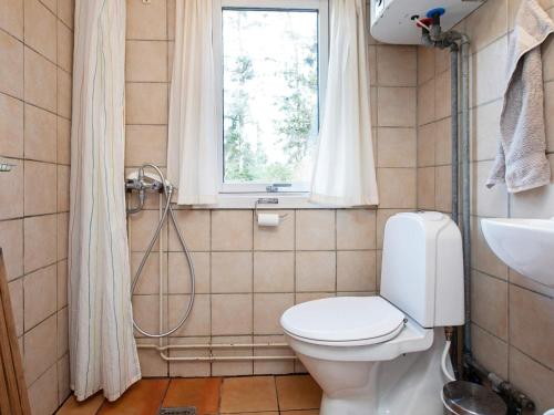 a bathroom with a toilet and a window and a shower at Holiday home Sjællands Odde XI in Tjørneholm