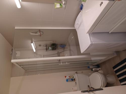 La salle de bains blanche est pourvue d'un lavabo et de toilettes. dans l'établissement Appartement Mont-Dore, 2 pièces, 4 personnes - FR-1-415-64, à Le Mont-Dore