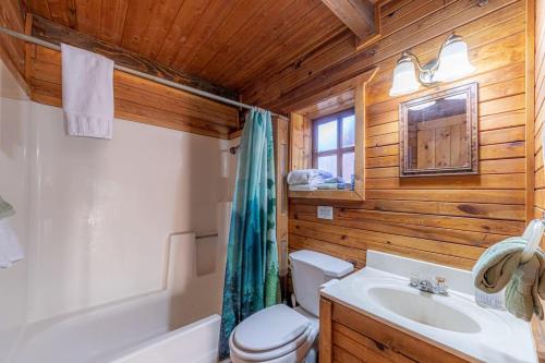 a bathroom with a toilet and a sink and a tub at Forest Cabin 3 Bear's Den in Payson