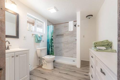 La salle de bains blanche est pourvue d'une douche et de toilettes. dans l'établissement Hideaway forest cabin 9 Squirrels Den, à Payson