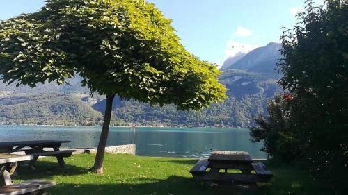 a picnic table with a view of a lake at LA MAISON DU LAC in Doussard