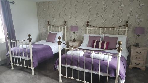 two beds sitting next to each other in a bedroom at Bodrual cottage in Caernarfon