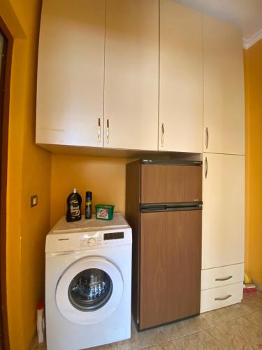 a kitchen with a washing machine and a refrigerator at Eldi's Apartment in Golem