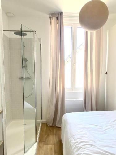 een slaapkamer met een glazen douche en een bed bij Good Vibes Only, Berck plage, 4 personnes 200 plage in Berck-sur-Mer
