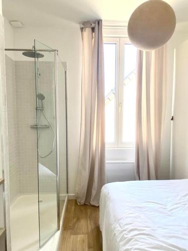 a bedroom with a glass shower and a bed at Berck Sable, 4 personnes 200 plage in Berck-sur-Mer