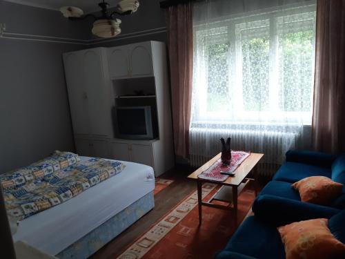 1 dormitorio con cama, mesa y sofá en Laciház, en Igal