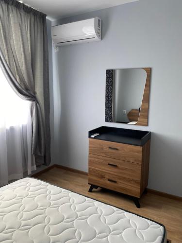 um quarto com uma cama, uma cómoda e um espelho em Rose em Karlovo