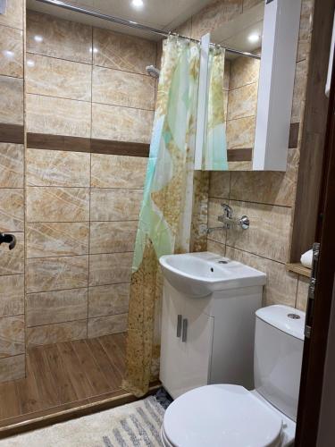 a bathroom with a toilet and a shower and a sink at Rose in Karlovo