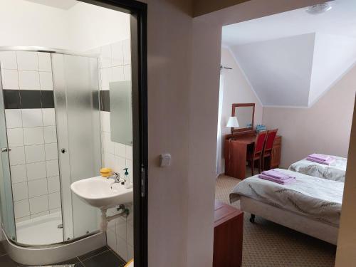 ポクシヴナにあるOśrodek ANKARのバスルーム(洗面台、ベッドの横にシャワー付)