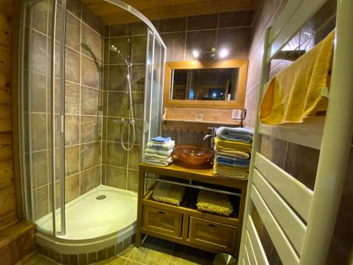Un baño con ducha, inodoro y lavabo. en Chalet confortable vue panoramique, en Isola 2000