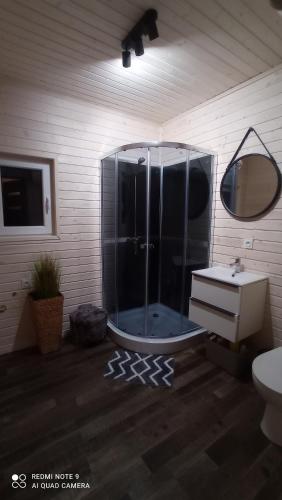 a bathroom with a glass shower and a sink at Chatka Leo in Fornetka