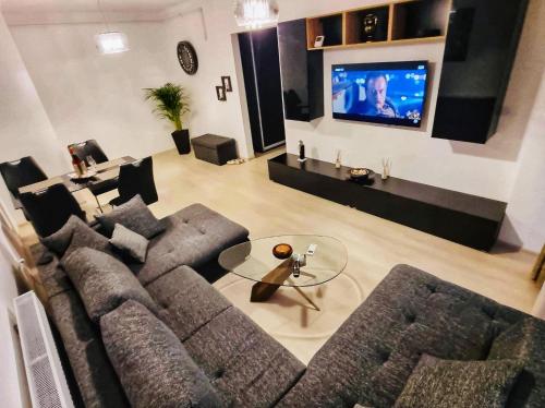 een woonkamer met een bank en een tv bij Deluxe Lake View in Mamaia
