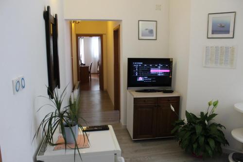 a living room with a television and a hallway at Apartment BenTen in Drvenik