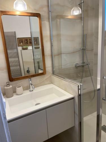 a bathroom with a white sink and a mirror at Pogri House Unità in Trieste